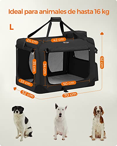 Feandrea Transportín para Gatos y Perros, Plegable, Tamaño L, Tela Oxford, Malla Transpirable, Portátil, Marco Metálico, con Asas y Bolsillos, 70 x 52 x 52 cm, Negro PDC70H