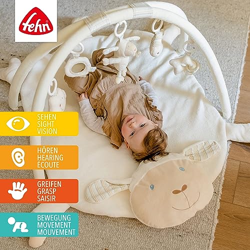 Fehn manta de actividades 3-D arco de juego ovejas - manta de gateo con 5 juguetes desmontables para agarrar - manta de juego para bebés y niños pequeños de 0+ meses - regalo de nacimiento