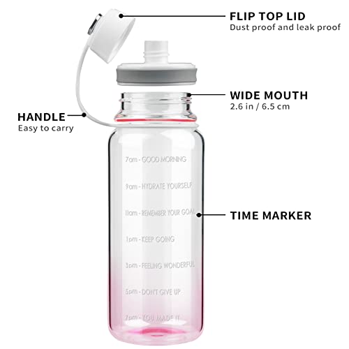 Ferexer Botella Agua Cristal 1.5 litros / 1500 ml / 1,5 l Botella Vidrio con Marcador Tiempo y Funda de Neopreno (rosa degradado)