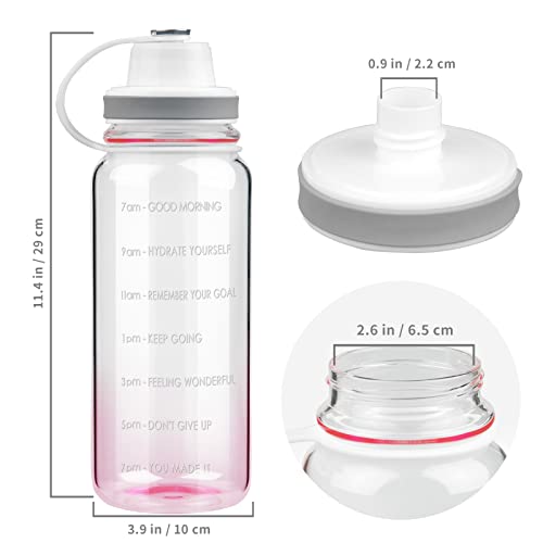 Ferexer Botella Agua Cristal 1.5 litros / 1500 ml / 1,5 l Botella Vidrio con Marcador Tiempo y Funda de Neopreno (rosa degradado)