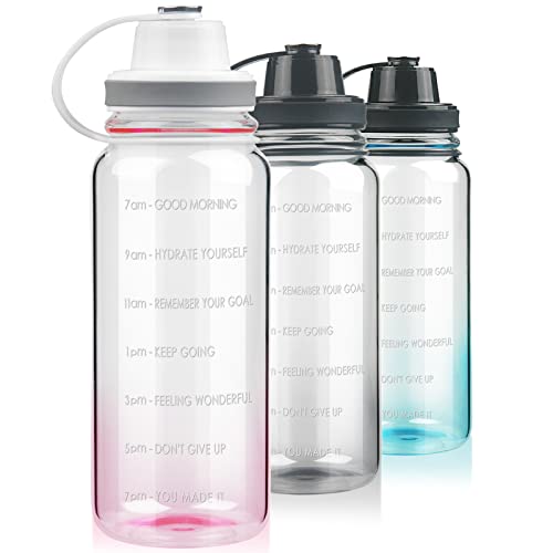 Ferexer Botella Agua Cristal 1.5 litros / 1500 ml / 1,5 l Botella Vidrio con Marcador Tiempo y Funda de Neopreno (rosa degradado)