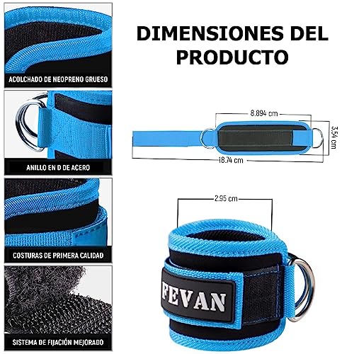 FEVAN 2 Tobilleras Poleas Gym Tobillera para Polea Acolchada de Velcro - Accesorios Gym Unisex (Azul)