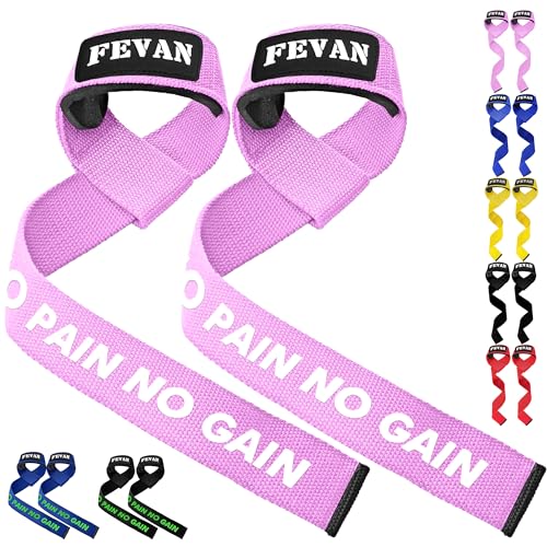 FEVAN Straps Gym, Levantamiento de Pesas, Correas Levantamiento de Pesas, Powerlifting, Agarraderas Gimnasio, Peso Muerto - Lifting Straps - Mujeres y Hombres (Rosa/Blanco)