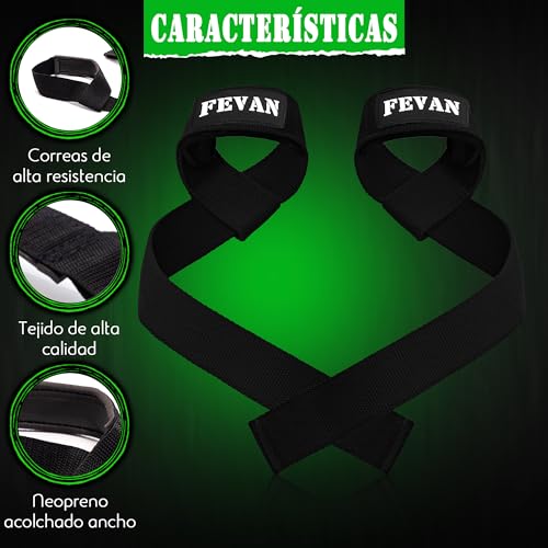 FEVAN Straps Gym, Levantamiento de Pesas, Correas Levantamiento de Pesas, Powerlifting, Agarraderas Gimnasio, Peso Muerto - Lifting Straps - Mujeres y Hombres (Negro)