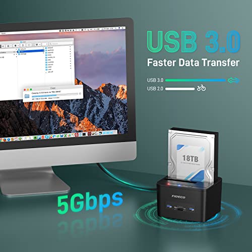 FIDECO Base de Conexión USB 3.0 Estación de Acoplamiento del Disco Duro de Doble Bahía para SATA de 2,5" y 3,5", Función de Clonación sin Conexión, Soporte TF & SD y 2 x 16TB Discos Duros