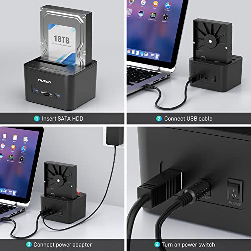 FIDECO Base de Conexión USB 3.0 Estación de Acoplamiento del Disco Duro de Doble Bahía para SATA de 2,5" y 3,5", Función de Clonación sin Conexión, Soporte TF & SD y 2 x 16TB Discos Duros