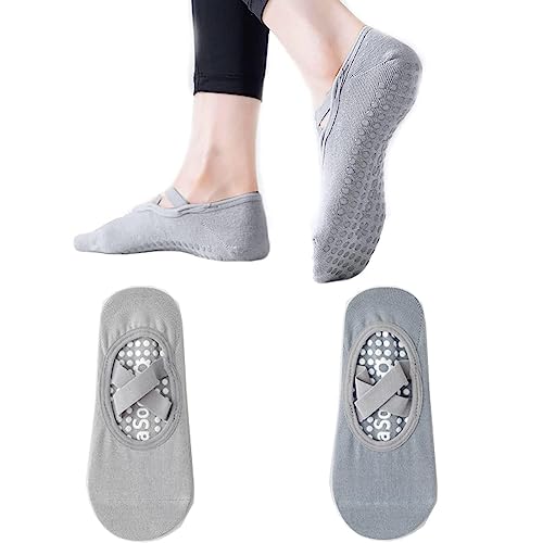 fidget pack 2 pares de calcetines de yoga, calcetines antideslizantes, fáciles de poner, calcetines de algodón antideslizantes, para mujer, para pilates, barra, ballet, danza (azul/gris), gris, S-XL