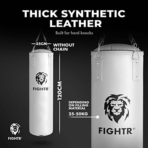 FIGHTR® Saco de Boxeo Premium - Gran Comodidad de golpeo y Muy Robusto | Saco de Boxeo Colgante sin Relleno/con Relleno 120x35cm Incl. Cadena Pesada para Boxeo, Artes Marciales, MMA