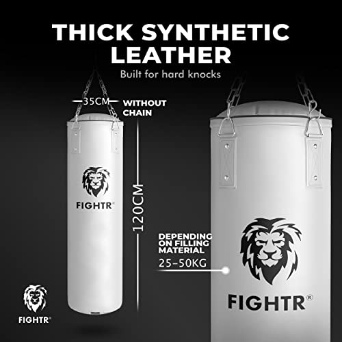 FIGHTR® Saco de Boxeo Premium - Gran Comodidad de golpeo y Muy Robusto | Saco de Boxeo Colgante sin Relleno/con Relleno 120x35cm Incl. Cadena Pesada para Boxeo, Artes Marciales, MMA