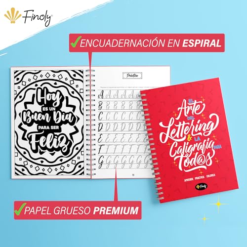 Finoly Cuaderno Lettering Adultos - Libro Lettering y Caligrafía para Colorear a Mano - Cuaderno Caligrafía y Lettering Principiantes - Tamaño A4 - Papel Premium