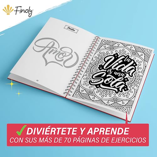 Finoly Cuaderno Lettering Adultos - Libro Lettering y Caligrafía para Colorear a Mano - Cuaderno Caligrafía y Lettering Principiantes - Tamaño A4 - Papel Premium