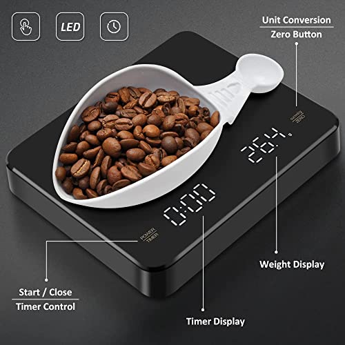 FIRE BULL Mini Báscula Café con Temporizador, Pantalla LED 3 KG Escala Digitales Profesionales Cocina, Básculas Electrónicas Café con Función Tara