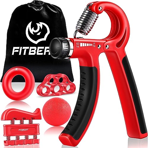 FitBeast Hand Grip para Antebrazo Ejercitar – Paquete de 5 Piezas, Fortalecedor de Agarre de Manos Ajustables, Ejercitador de Manos, para Estirar Los Dedos, Anillo para Entrenar y Pelota Anti Estrés