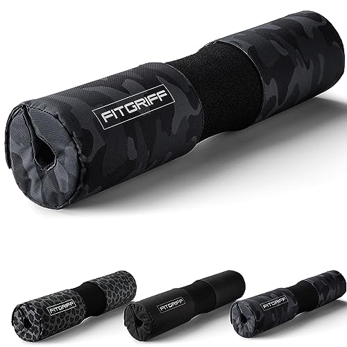 Fitgriff® Almohadilla Barra Gimnasio con Funda, Protector Acolchado de Hip Thrust y Sentadillas para Cuello, Barbell Pad Squat - Accesorios para Gym (Camo-Black)