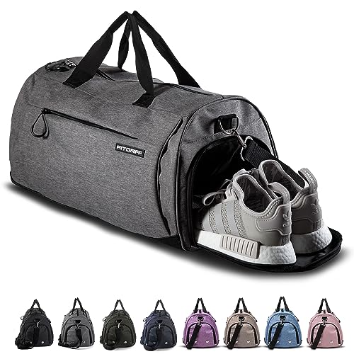 Fitgriff® Bolsa Deporte Gimnasio, de Fitness, Hombre y Mujer, Gym - Bolsa de Viaje Macuto con Zapato y Compartimento Húmedo (Grey, Medium)