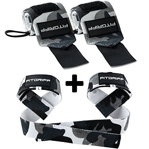 Fitgriff® Muñequeras Gym + Straps Powerlifting (Set), Levantamiento de Pesas + Wrist Wraps, Deportivas, Musculación, Gimnasio - Mujeres y Hombres (Camo)