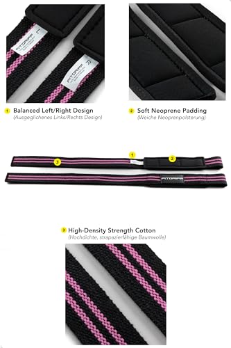 Fitgriff® Straps Gym, Correas Levantamiento de Pesas, Powerlifting, Agarraderas Gimnasio - Lifting Straps - Mujeres y Hombres (Estándar (más de 16cm muñeca), Black/Pink)