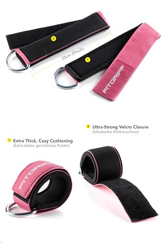 Fitgriff® Tobillera para Polea (Acolchado)- 2 Piezas Correas Tobillos Gym Cable Maquinas, Gimnasio, Fitness - Mujeres y Hombres (Pink)