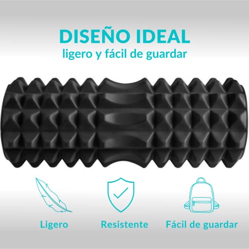 Fitness Foam Roller - Rodillo Espuma Para Masaje o Dolor Muscular. Color negro, Incluye bandas De Resistencia para musculacion, Rollo Masajeador Espalda, Piernas.