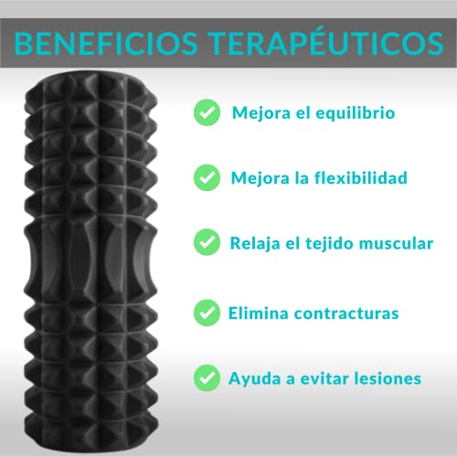 Fitness Foam Roller - Rodillo Espuma Para Masaje o Dolor Muscular. Color negro, Incluye bandas De Resistencia para musculacion, Rollo Masajeador Espalda, Piernas.