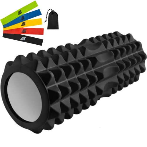 Fitness Foam Roller - Rodillo Espuma Para Masaje o Dolor Muscular. Color negro, Incluye bandas De Resistencia para musculacion, Rollo Masajeador Espalda, Piernas.