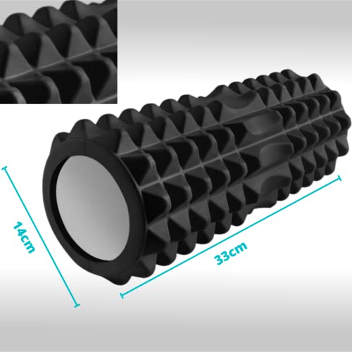 Fitness Foam Roller - Rodillo Espuma Para Masaje o Dolor Muscular. Color negro, Incluye bandas De Resistencia para musculacion, Rollo Masajeador Espalda, Piernas.