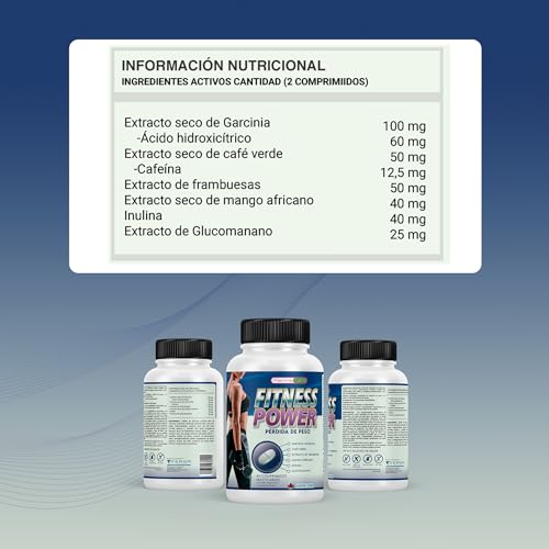 Fitness Power | Quemagrasas | Potente adelgazante | Efecto termogénico | Garcinia Cambogia, Extracto de Frambuesa, Café Verde y Mango Africano | Sabor café | 60 comprimidos masticables