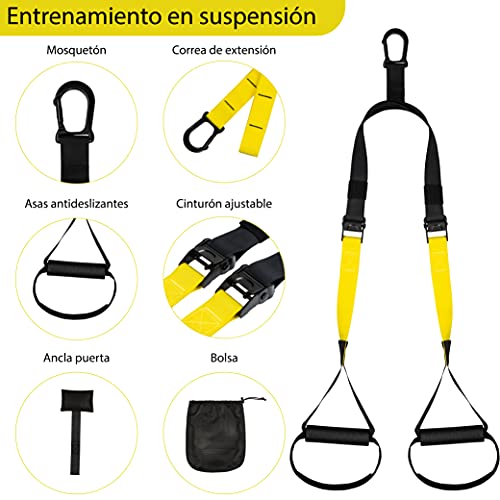 Fitness Profit compatible con Trx - kit deporte, ejercicio y gimnasio en casa, set entrenamiento en suspension con anclaje puerta, anclaje de pared con tornillos, comba, botellin termico.