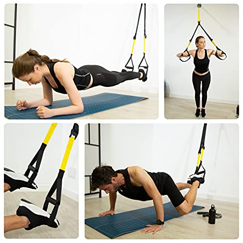 Fitness Profit compatible con Trx - kit deporte, ejercicio y gimnasio en casa, set entrenamiento en suspension con anclaje puerta, anclaje de pared con tornillos, comba, botellin termico.