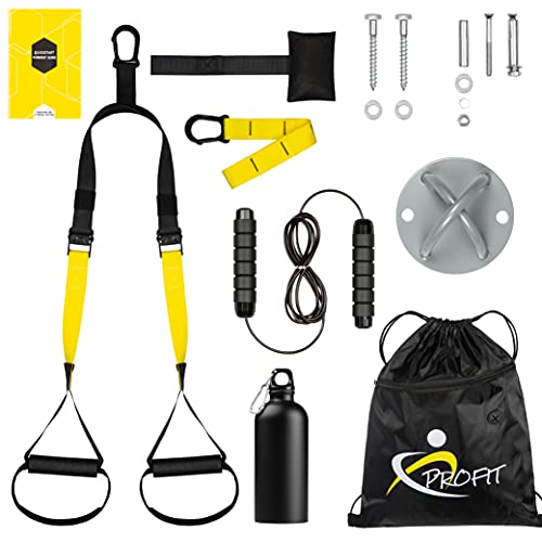 Fitness Profit compatible con Trx - kit deporte, ejercicio y gimnasio en casa, set entrenamiento en suspension con anclaje puerta, anclaje de pared con tornillos, comba, botellin termico.