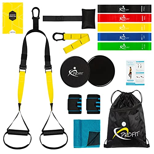 Fitness Profit Compatible con TRX -Kit Deporte,Ejercicio y Entrenamiento en casa,Set Entrenamiento en Suspension,Gomas elasticas,muñequeras Crossfit,Discos Deslizadores,Toalla microfibras.…