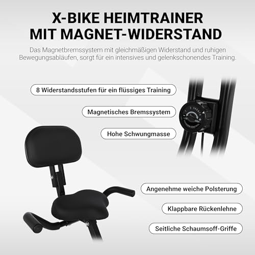 Fitness X-Bike Premium + bandas de resistencia | Bicicleta estática plegable con respaldo, pantalla LCD y sensor de frecuencia cardíaca