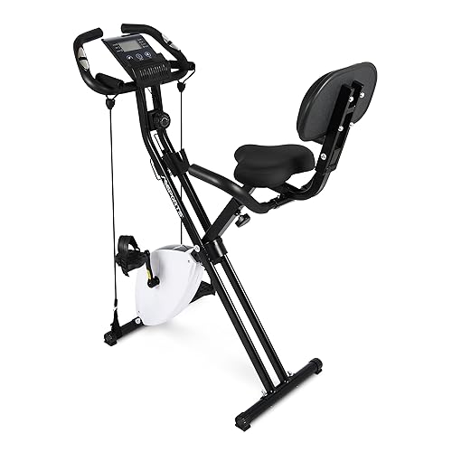 Fitness X-Bike Premium + bandas de resistencia | Bicicleta estática plegable con respaldo, pantalla LCD y sensor de frecuencia cardíaca