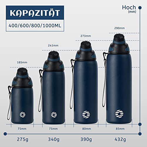 Fjbottle Botella Agua Acero Inoxidable con Tapa Magnética 1L, 800ml, 600ml, 400ml sin BPA Botella Termica para Niños, Deportiva Termo