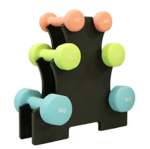 Fjoerdesports Juego de mancuernas de neopreno, mancuernas con soporte, pirámide de pesas, mancuernas de gimnasia, mancuernas de fitness, juego de 2 x 1 kg, 2 x 2 kg, 2 x 3 kg – total 12 kg