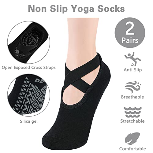 flintronic 2 Par Calcetines Pilates Yoga, Pilates Calcetines Antideslizantes Mujer pour Yoga, Fitness Antideslizantes Calcetines, con Asas y Correas, para Pilates, Danza, Fitness-Negro