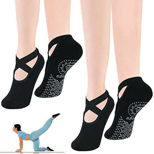 flintronic 2 Par Calcetines Pilates Yoga, Pilates Calcetines Antideslizantes Mujer pour Yoga, Fitness Antideslizantes Calcetines, con Asas y Correas, para Pilates, Danza, Fitness-Negro