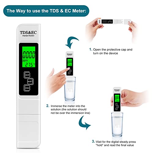 Flintronic 3 en 1 Calidad del Agua Medidor de Prueba, Combo de Medidor Digital de TDS+EC, Medidor de Prueba de Alta Precisión de TDS, Pantalla LCD, para Piscinas, Acuarios