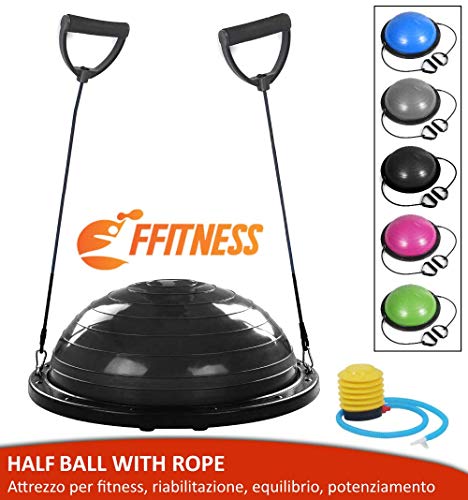 FMYBB70N Balance Half Ball (Ø 60 cm) | Pelota inflable media esfera | Fitness Trainer para Yoga Pilates Funcional Fisioterapia | Con gomas, asas y bomba (negro)