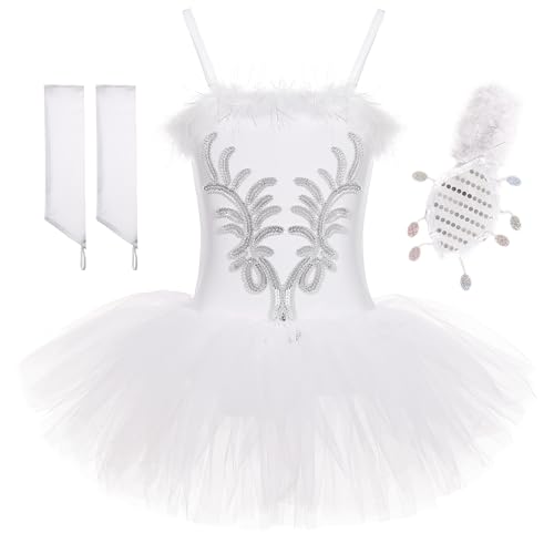 FONLAM Vestido Maillot de Ballet Tutú Niña, Blanco, 5-6 años