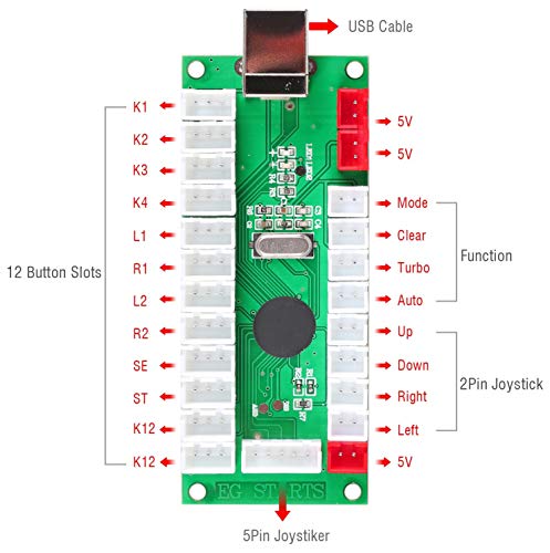 Fosiya 2 Jugador Arcade DIY Kit Arcade Ellipse Oval Style 8 Ways Bat Joystick + LED Chrome Arcade Botones para Videojuegos Mame PC Windows Raspberry Pi 3 4 (Mix Color)