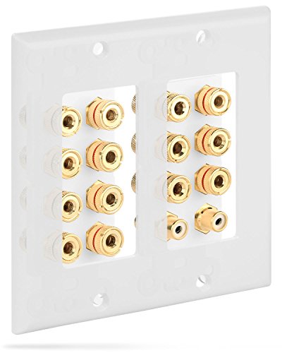 Fosmon [2-Gang 7.1 Surround Distribution] Home Theater Wall Plate - Premium Quality Gold Plated Copper Banana Binding Post Coupler Type Wall Plate for 7 Speakers and 2 RCA Jacks for Subwoofer(s) (White)