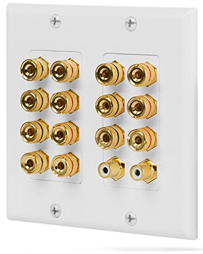 Fosmon [2-Gang 7.1 Surround Distribution] Home Theater Wall Plate - Premium Quality Gold Plated Copper Banana Binding Post Coupler Type Wall Plate for 7 Speakers and 2 RCA Jacks for Subwoofer(s) (White)