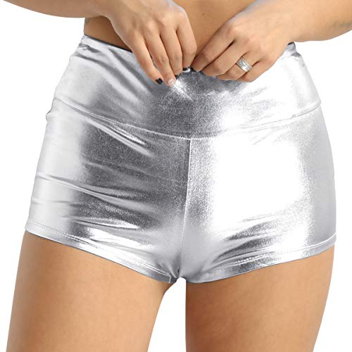 Freebily Pantalones Cortos de Cuero Met'alico Brillante Sexy Shorts Mujer Verano Elastico de Danza Cintura Super Alta y Elástica Plateado S