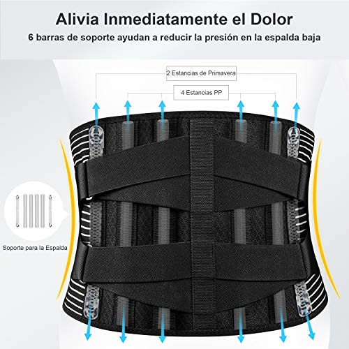 FREETOO Faja Lumbar Para Hombre y Mujer con 6 varillas de soporte, Cinturón Lumbar con Doble Ajuste, Transpirable Faja Lumbar Hombre Trabajo (L(waist:37.4''-45.3'')