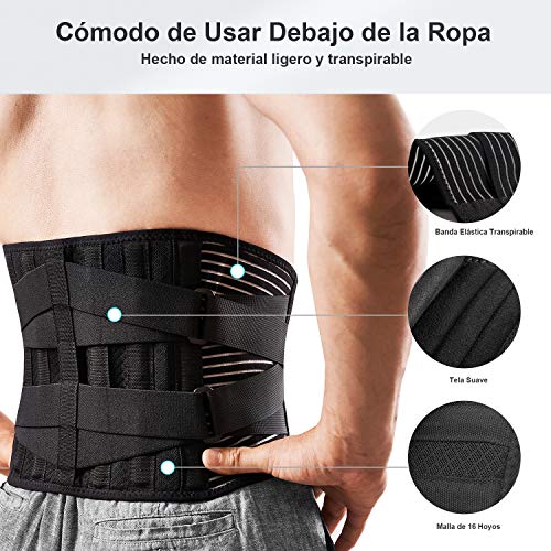 FREETOO Faja Lumbar Para Hombre y Mujer con 6 varillas de soporte, Cinturón Lumbar con Doble Ajuste, Transpirable Faja Lumbar Hombre Trabajo (L(waist:37.4''-45.3'')