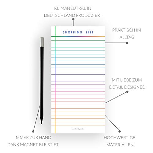 Friendly Fox - Lista de la compra magnética - 1 bloc magnético para nevera con 50 listas de la compra y Bolígrafo magnético, para nevera