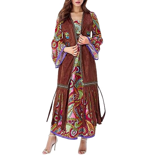 Fulidngzg 2 Piezas Disfraz Hippie Mujer Años 70, Hippie Costume Set, Vestido Hippie, Accesorios Disfraz Hippie Mujer Completo de Carnaval Disco Fiesta