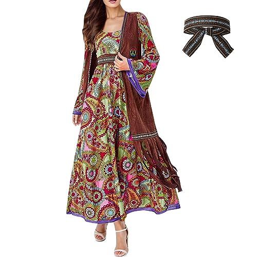 Fulidngzg 2 Piezas Disfraz Hippie Mujer Años 70, Hippie Costume Set, Vestido Hippie, Accesorios Disfraz Hippie Mujer Completo de Carnaval Disco Fiesta