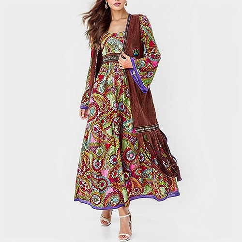 Fulidngzg 2 Piezas Disfraz Hippie Mujer Años 70, Hippie Costume Set, Vestido Hippie, Accesorios Disfraz Hippie Mujer Completo de Carnaval Disco Fiesta